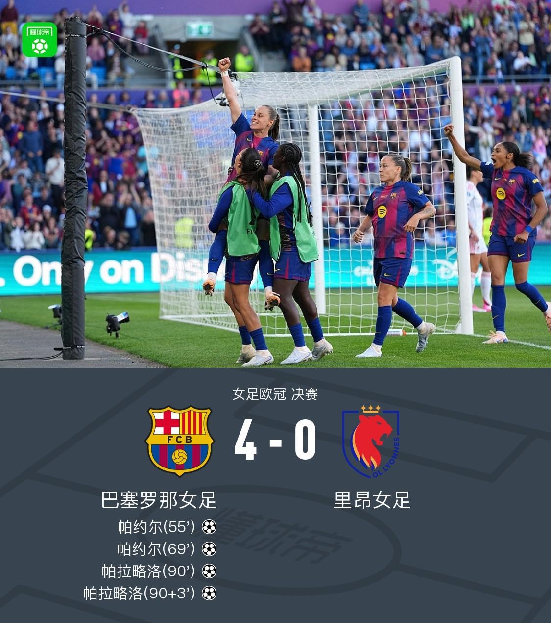 巴萨女足4-0里昂女足夺欧冠，帕约尔、帕拉略洛双双梅开二度